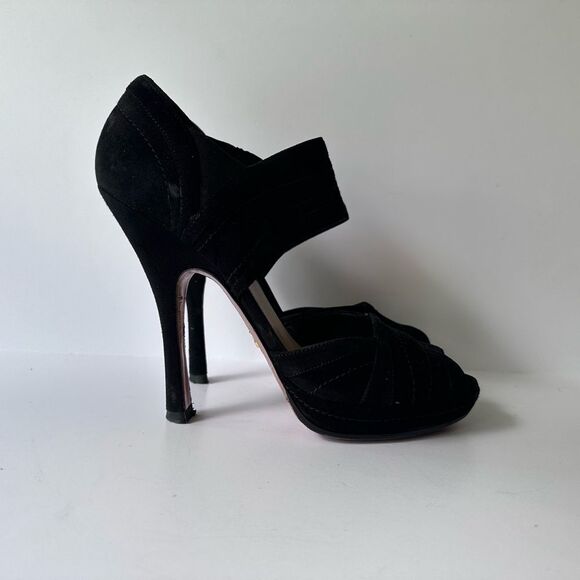 Prada Black Suede High Heel Peep Toe Bootie Style Sandals Size 38 - Picture 4 of 14